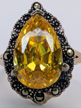 Dyed Yellow Quartz & Marcasite S925 Sterling Silver Gemstone Ring Size 7 1/4